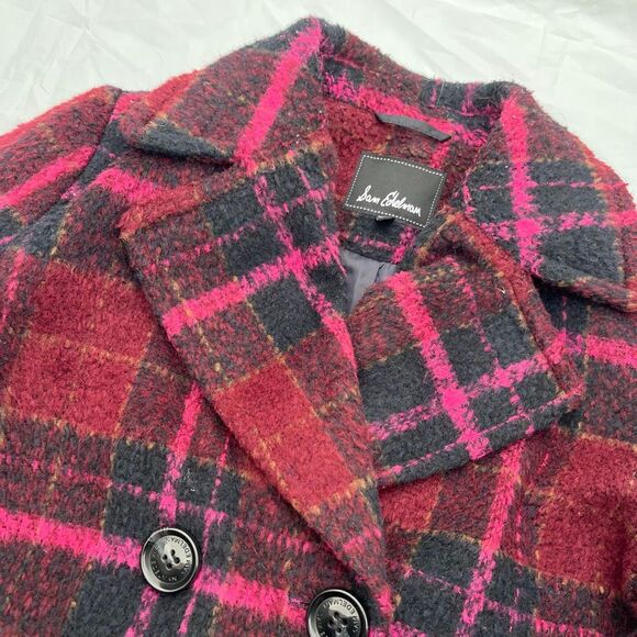 Sam Edelman Pink Red Plaid Coat | Wool Blend Double Breasted Peacoat - Picture 7 of 12